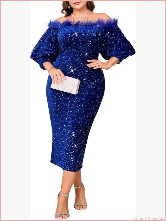 Dresses & Skirts - Sequin Off Shoulder Puff Sleeve Bodycon Midi Dress